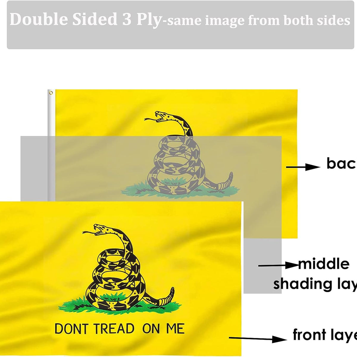 Double Sided Gadsden Dont Tread on Me Flag 3X5 Outdoor- Heavy Duty Yellow Don'T Tread on Me Snake Flag -Tea Party Rattlesnake Flags Banner with Grommets